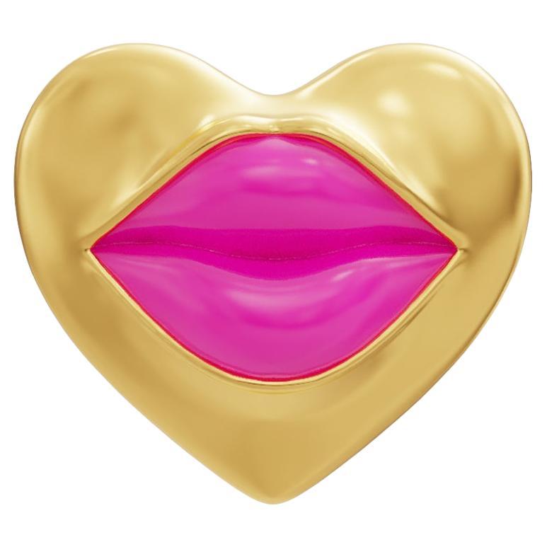 Naimah Love Lips Gold Rouge Single Earring, Neon Pink Enamel For Sale