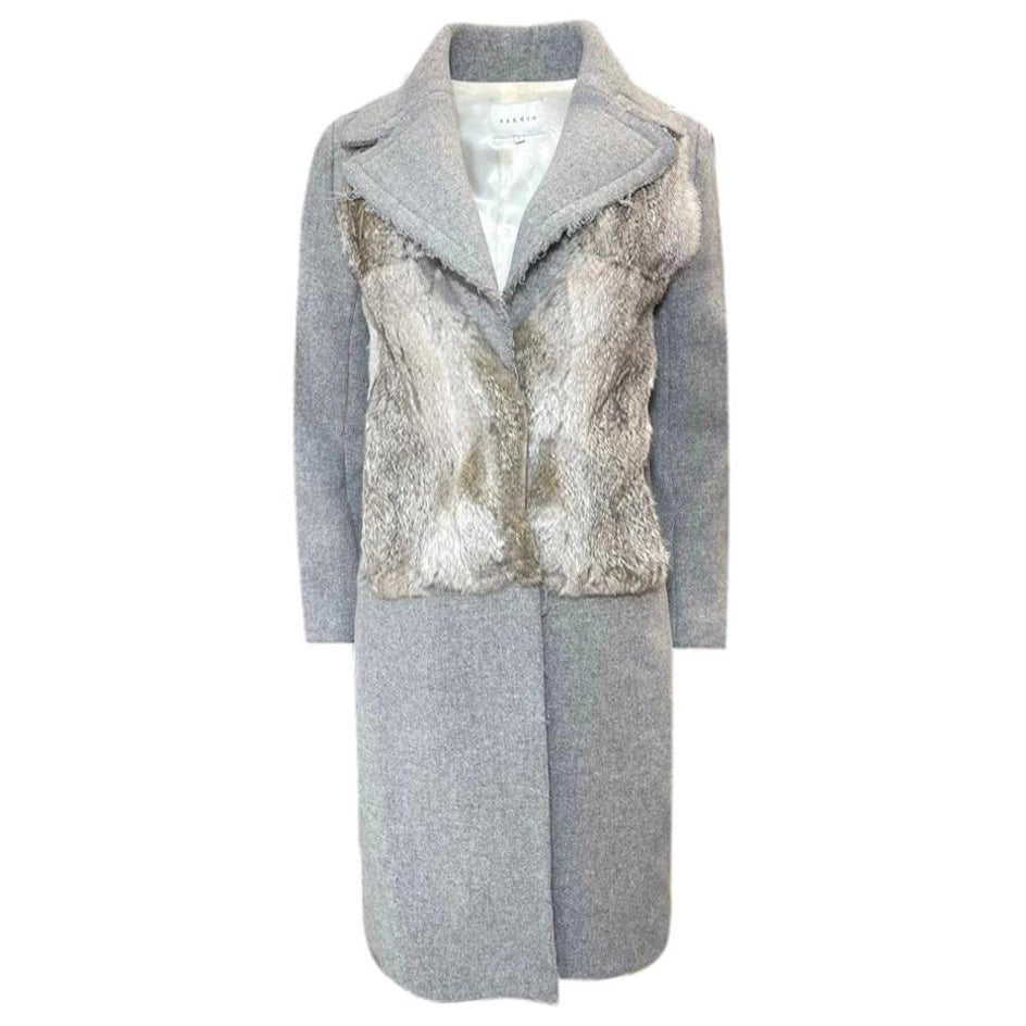 Sandro Wool Coat With Rabbit Fur Front For Sale