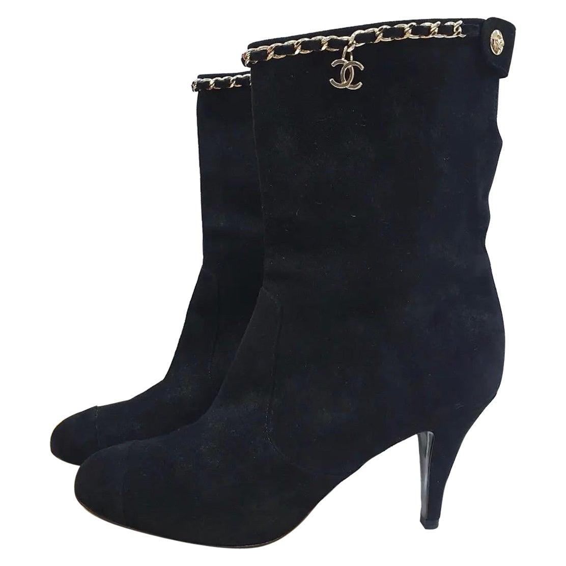 Chanel Black Suede Chain Booties For Sale