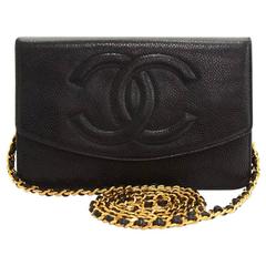 Retro Chanel Black Caviar Leather Wallet On Long Shoulder Chain