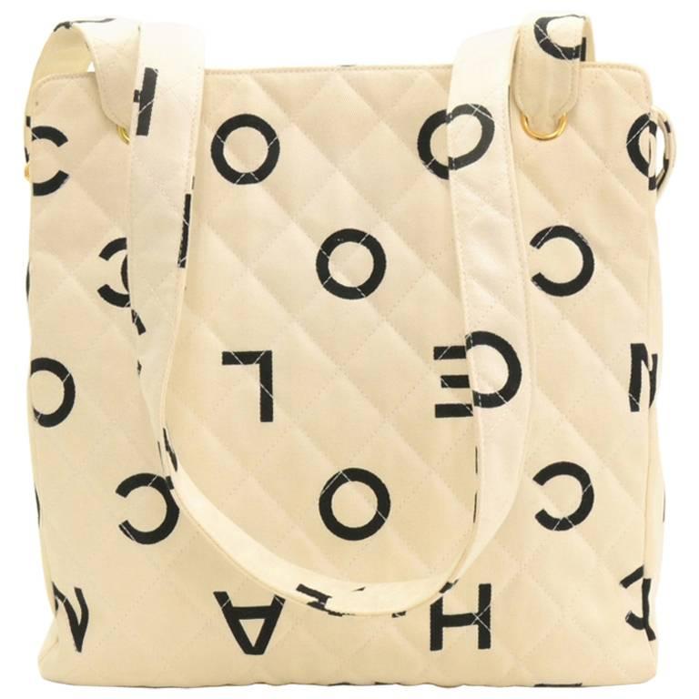 Chanel White Quilted Canvas Medium Tote Shoulder Hand Bag
