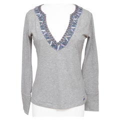 ETRO Top Shirt T-Shirt Grey Beads Sequin V-neck Long Sleeve Cotton Sz 42