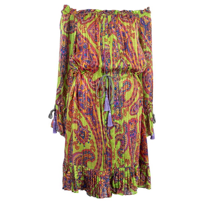 ETRO neon green silk 2017 PSYCHEDELIC PRINTED TASSELED OFF SHOULDER Dress 40 S For Sale