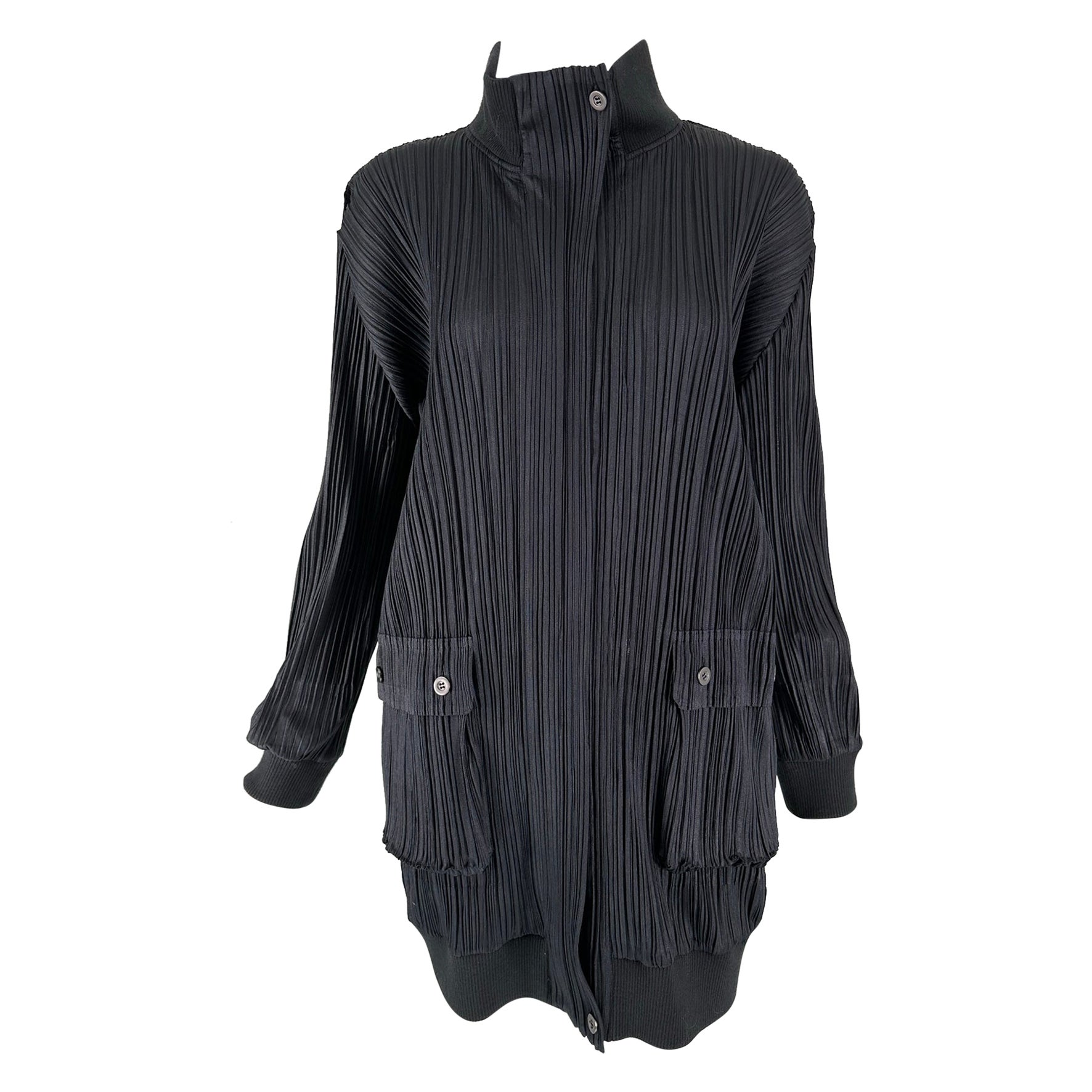 Issey Miyake Pleats Please Black Funnel Neck Hidden Zipper Front Long Jacket 3 For Sale