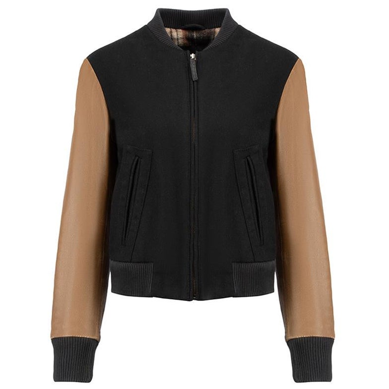 Maje Black Wool Brown Leather Bomber Jacket Size S For Sale