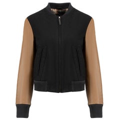 Maje Black Wool Brown Leather Bomber Jacket Size S