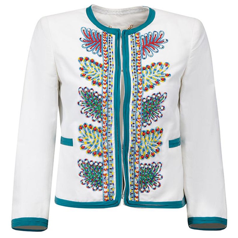 Moschino White Collarless Beaded Cropped Jacket Size S For Sale