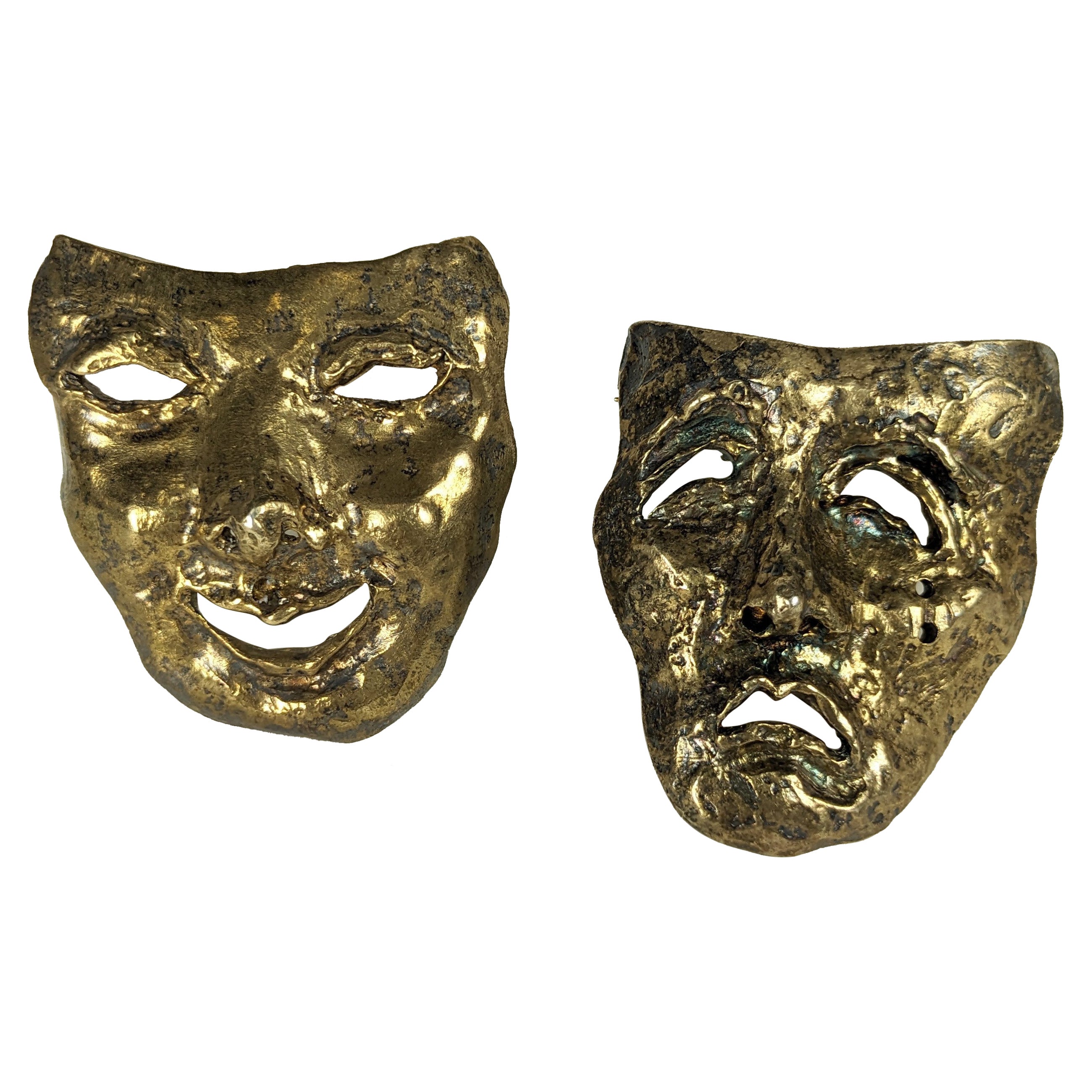 Pair of Vermeil Sterling Comedy Tragedy Brooches, Judy Gold For Sale