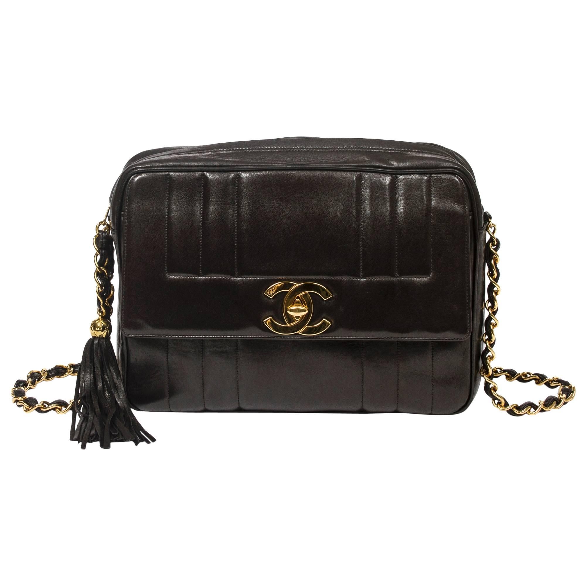 Chanel - Vintage Tassel Shoulder Bag Black Vertical Quilted Leather
