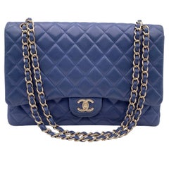 Chanel Blau Gestepptes Leder Maxi Timeless Classic 2.55 Einzelne Klappe Tasche