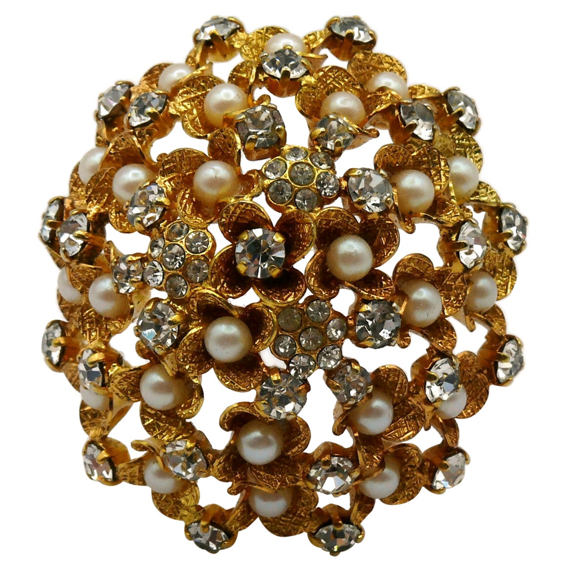 CHRISTIAN DIOR Vintage Jewelled Gold Tone Domed Brooch, 1966 For Sale