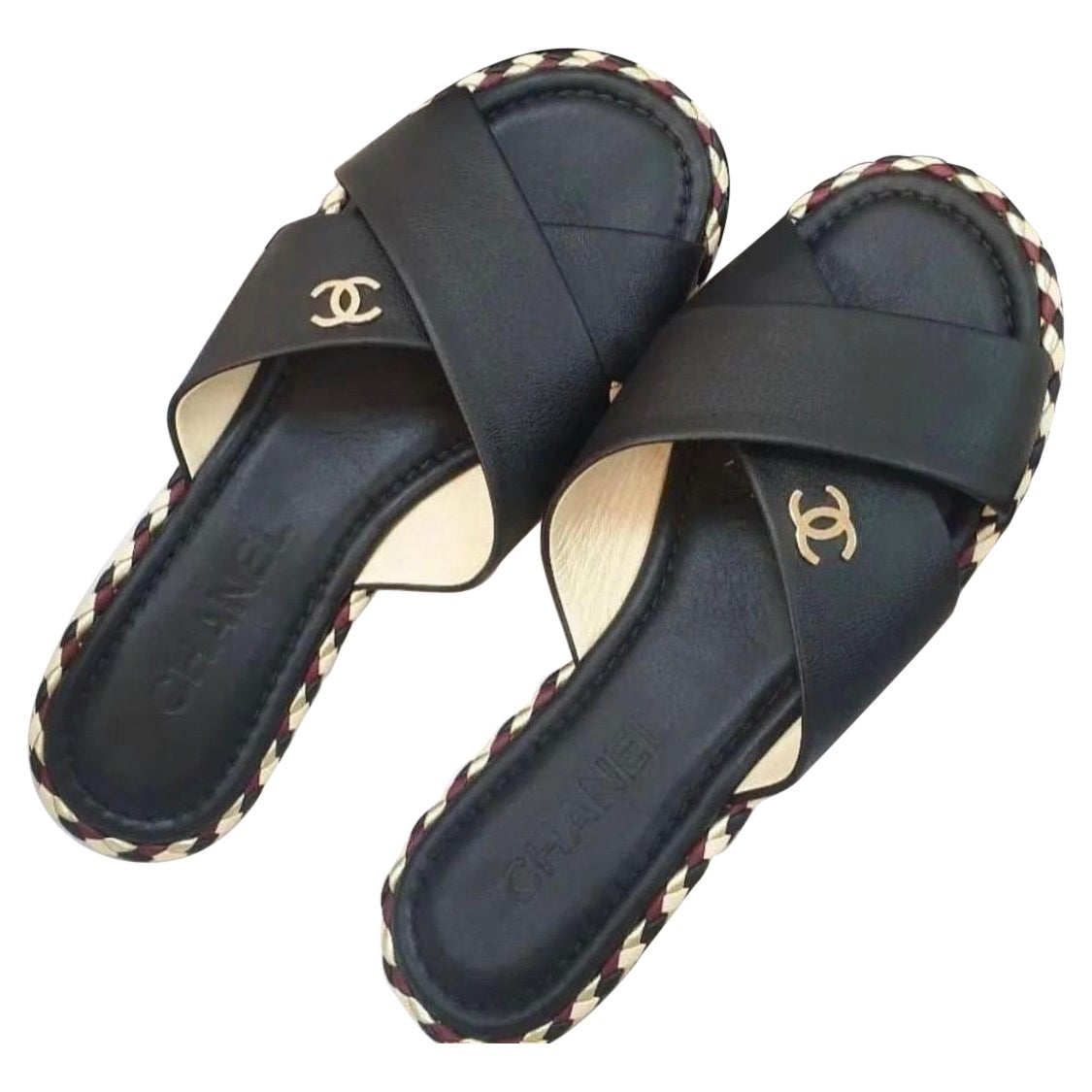 Chanel Interlocking CC Logo Leather Slides - Black Sandals, Shoes