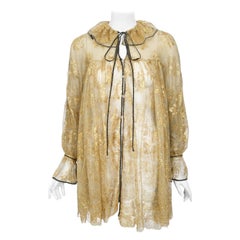 Retro 1970s Bill Gibb Couture Museum-Held Metallic Gold Sheer Lace Babydoll Mini Dress