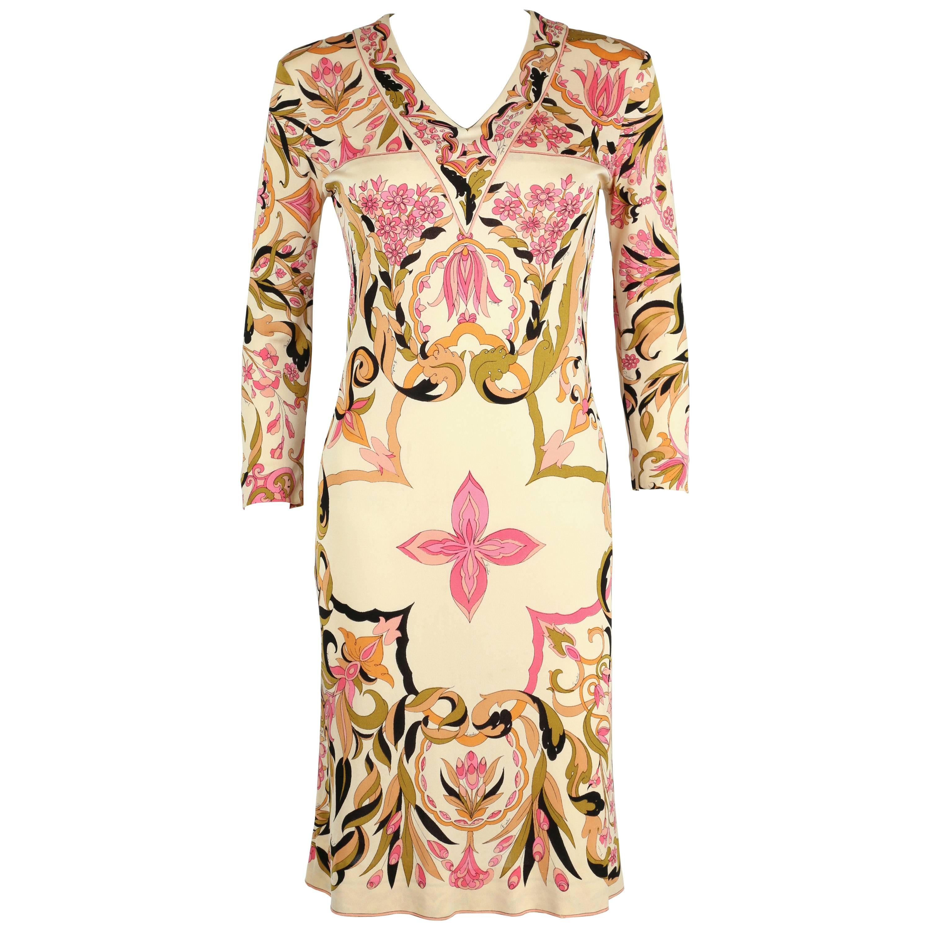 EMILIO PUCCI 1960's Pink Multicolor Kaleidoscope Floral Print Silk Sheath Dress For Sale