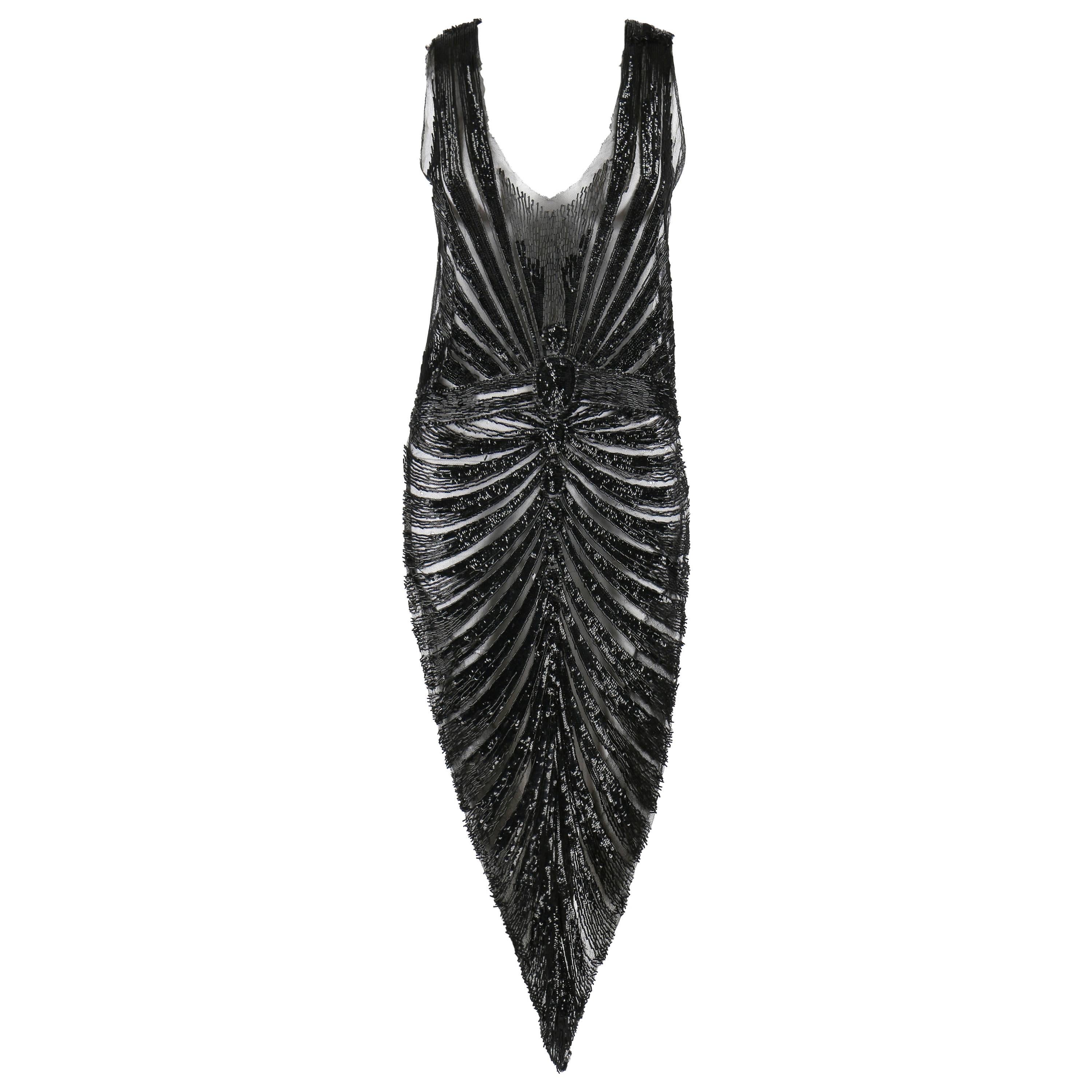 COUTURE c.1920s Black Heavily Jet Beaded Drop Waist Tabard Flapper Evening Dress