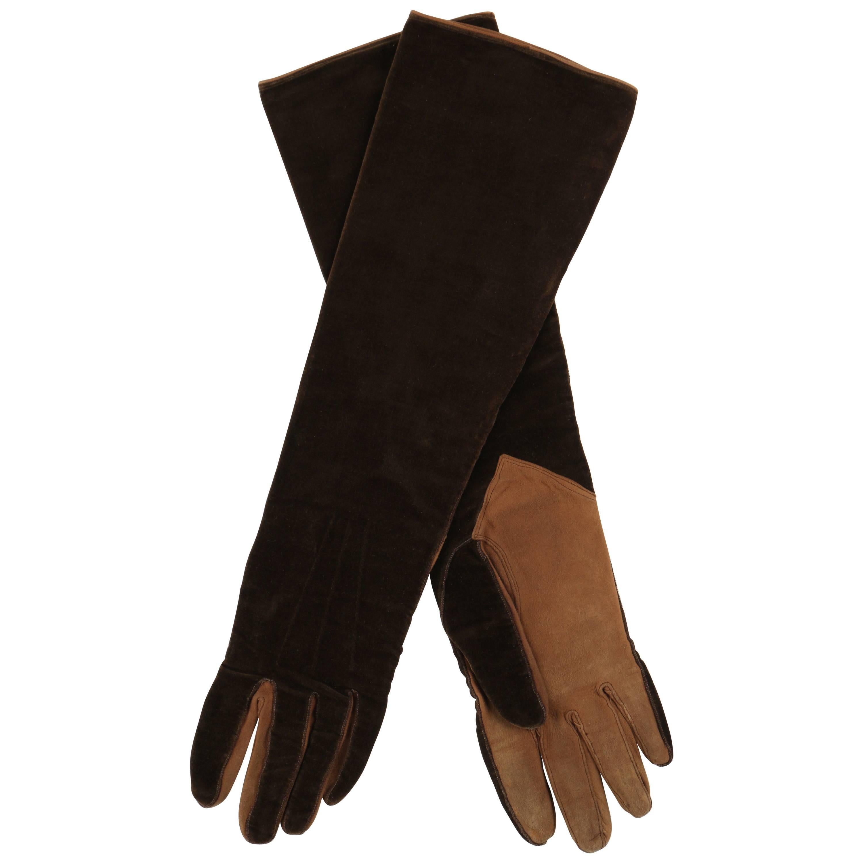 CHANEL 1930s Brown Velvet Suede Leather Elbow Length Flapper Gloves Size 7