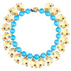 Vintage De Lillo 1960s Collar of Blue Beads and Gold Tone Leaves