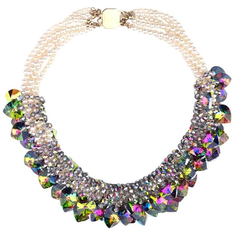 Collar of Faux pearls and Iridescent Gems at 1stDibs