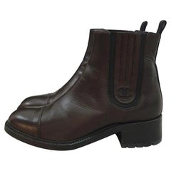 Chanel Brown Leather CC logo Ankle Boots