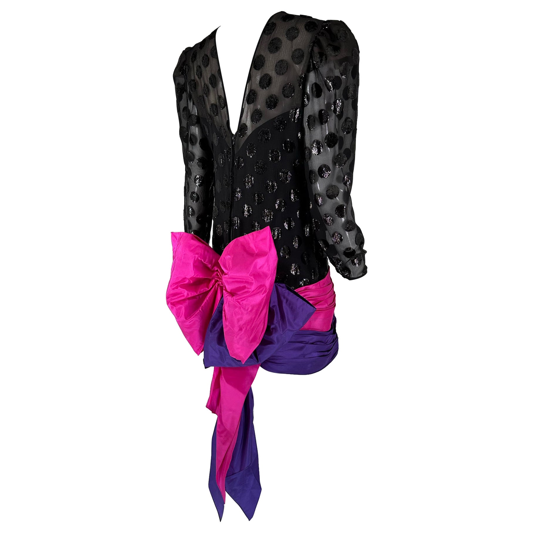 1980s Black Velvet Dot Draped Pink & Purple Taffeta Skirt with Huge Bow Back For Sale