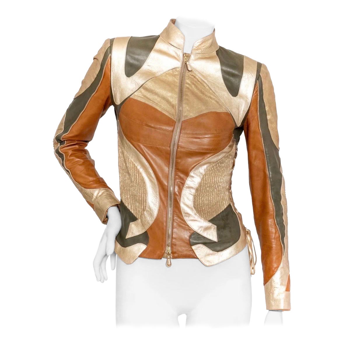 Alexander McQueen 2003 Brown and Gold Patchwork Biker Jacket