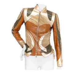 Alexander McQueen 2003 Brown and Gold Patchwork Biker Jacket
