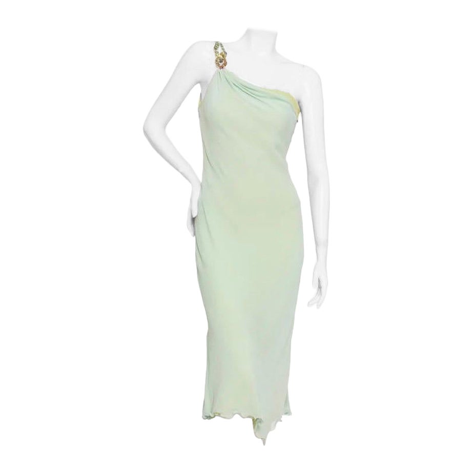 Vintage Versace Atelier One Shoulder Crystal and Silk Green Dress (1980s) For Sale
