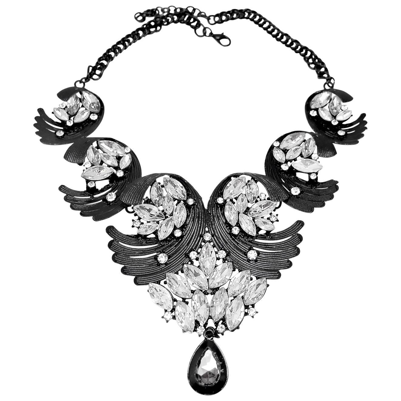 Dramatic Black and Crystal Drop Necklace For Sale