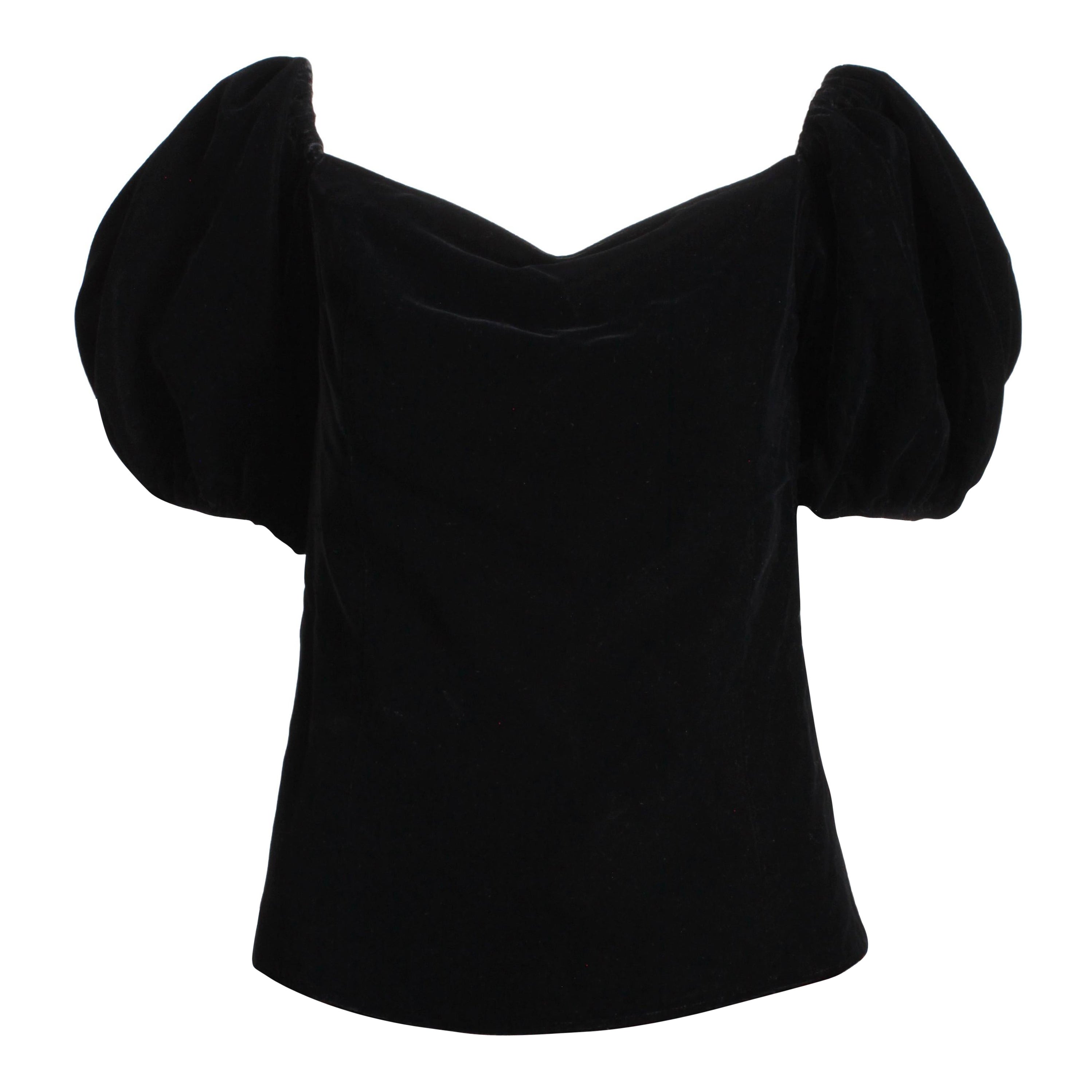 Yves Saint Laurent Blouse Peasant Puffed Sleeve Black Velvet Formal Vintage 38 For Sale