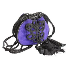 Yves Saint Laurent Evening Bag Tassels Purple Black Suede Leather Belt Pouch 90s