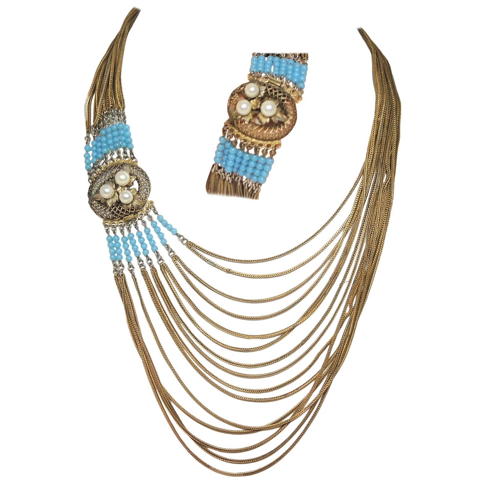 Victorian Fringed Faux Turquoise And Faux Pearl Necklace Set