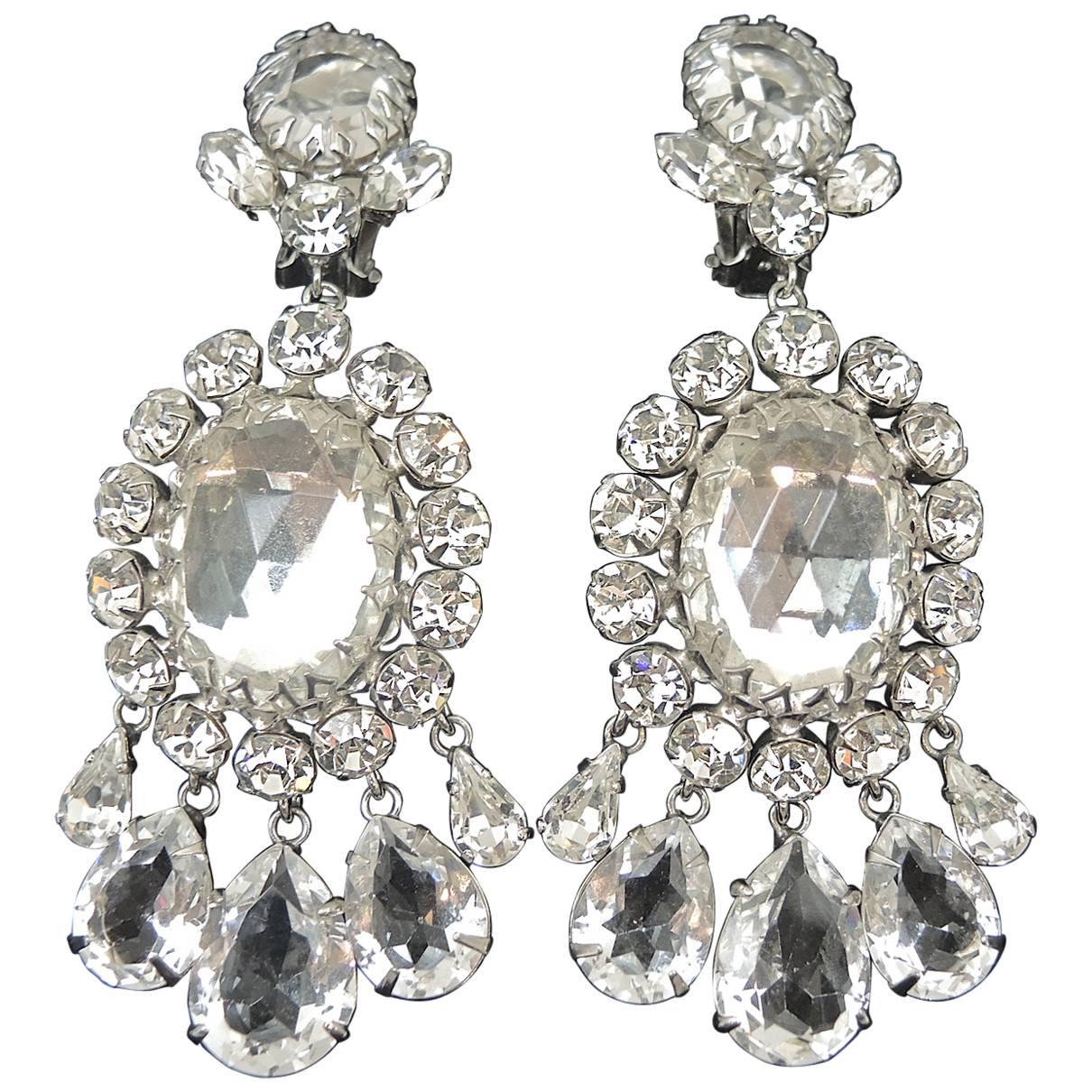 Wow! Vintage 1950s Dramatic Clear Crystal Clip Earrings