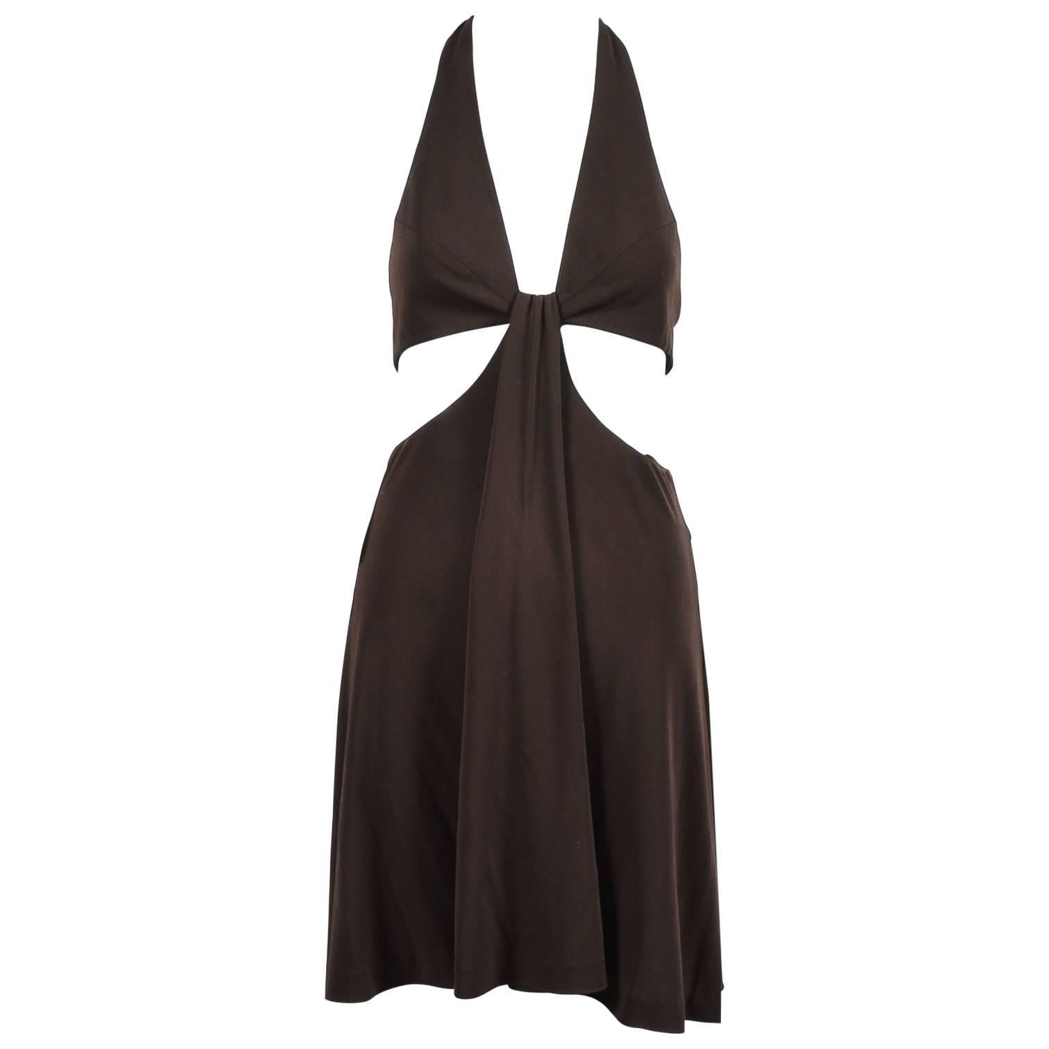 Vintage Herve Leger Brown Crepe Cut Out Sleeveless Halter Dress Size 4 For Sale