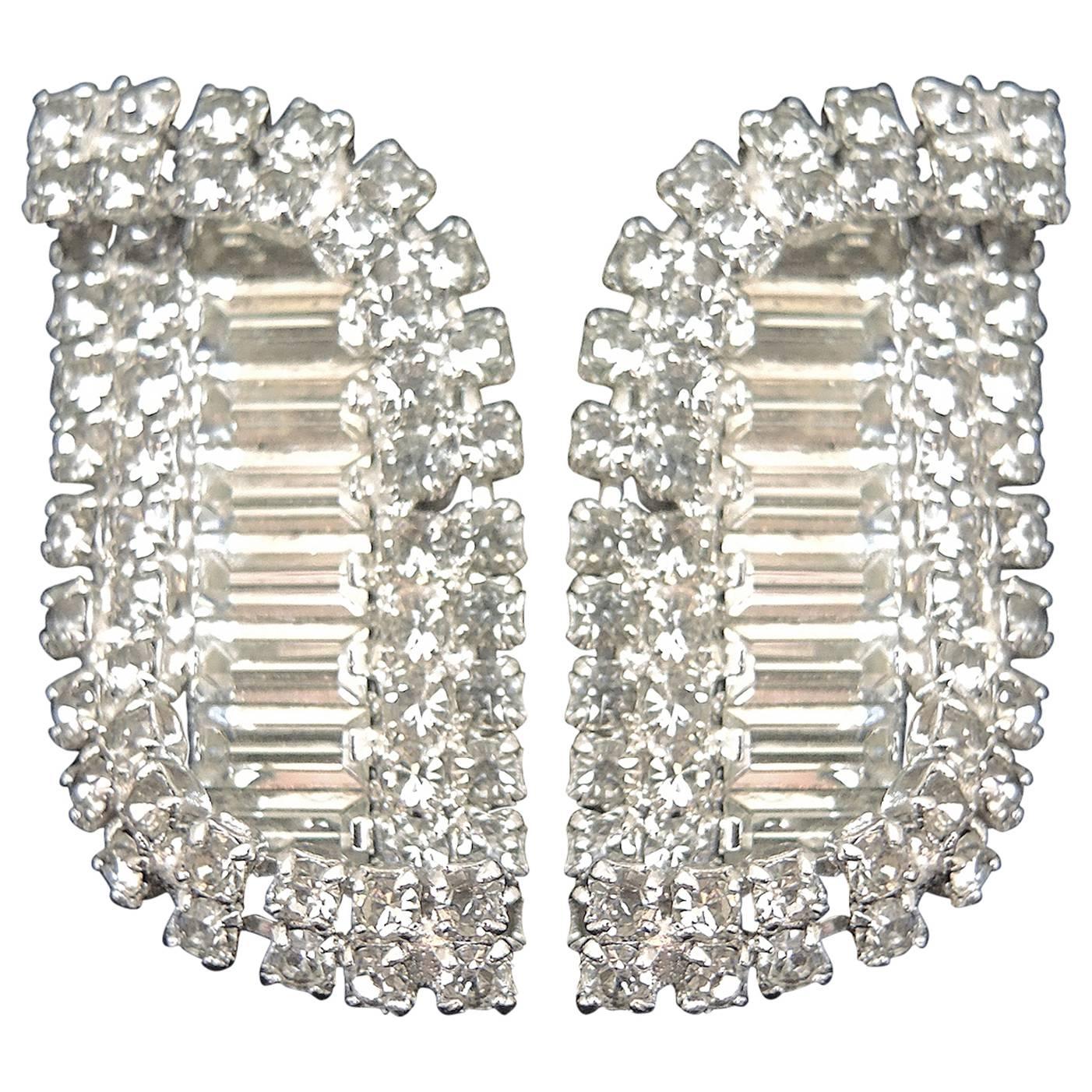 Vintage 1960s Rhinestone Leaf Clip Earrings