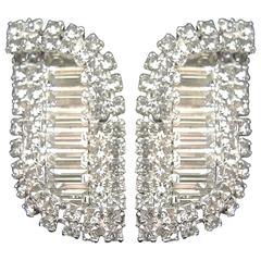 Vintage 1960s Rhinestone Leaf Clip Earrings