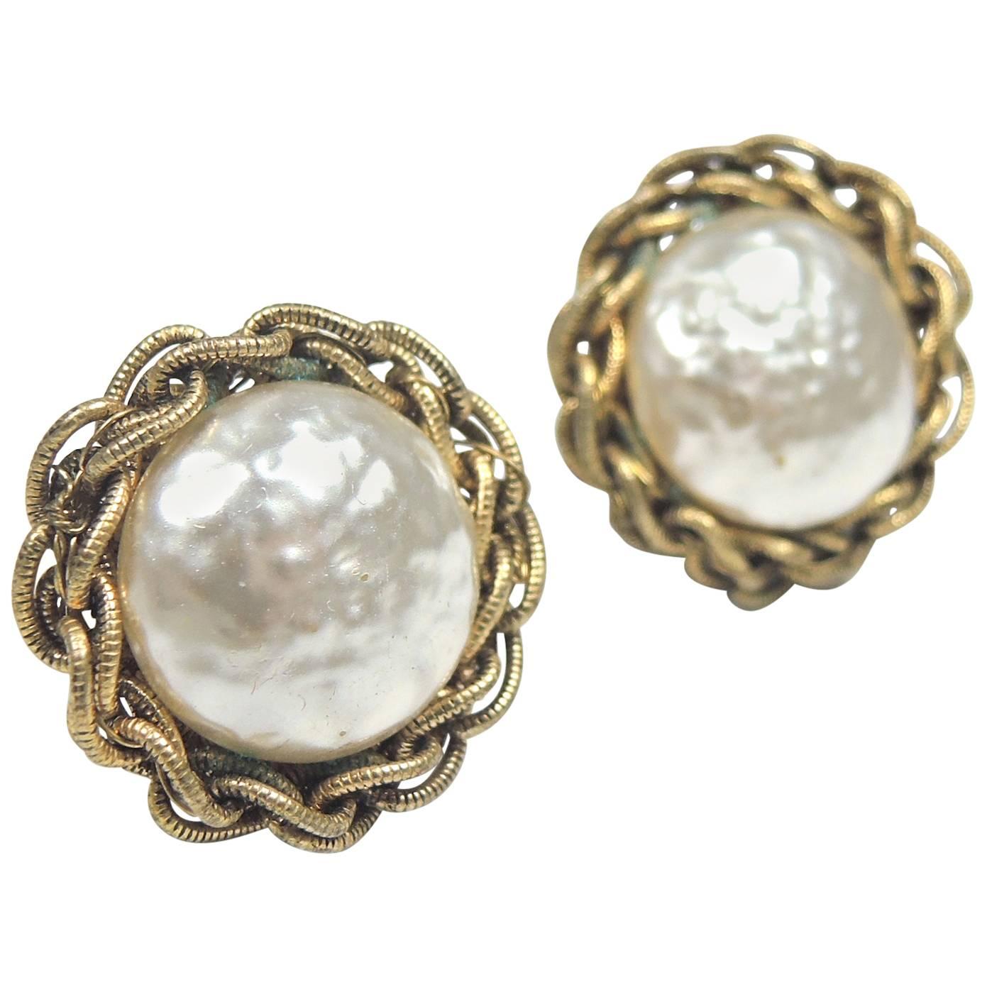 Vintage 1950s Signed Miriam Haskell Faux Pearl Button Earrings