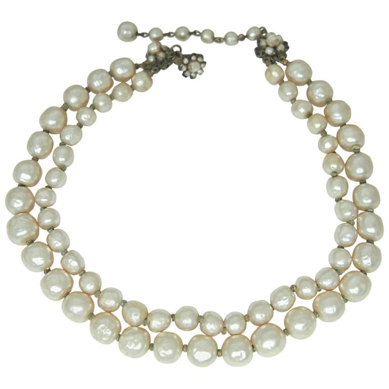 Vintage Signed 1950s Miriam Haskell Double Strand Faux Pearl Choker Necklace at 1stDibs double