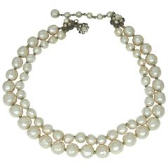 Vintage Signed 1950s Miriam Haskell Double Strand Faux Pearl Choker Necklace