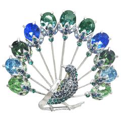 Vintage 1940s Important Blue And Green Rhinestone Peacock Brooch