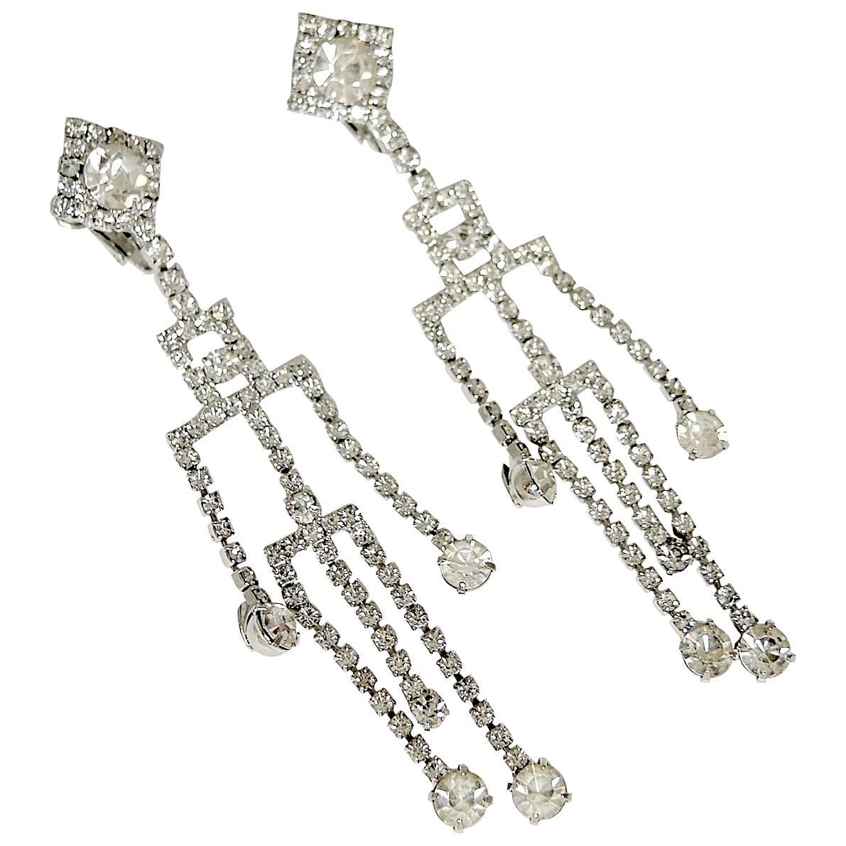 Long Shoulder Deco Duster Rhinestone Clip Earrings For Sale