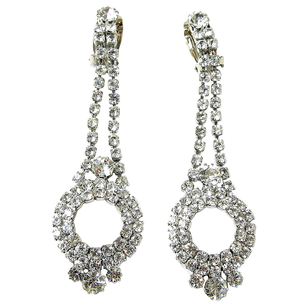 Vintage Rhinestone Deco Style Chandelier Clip Earrings