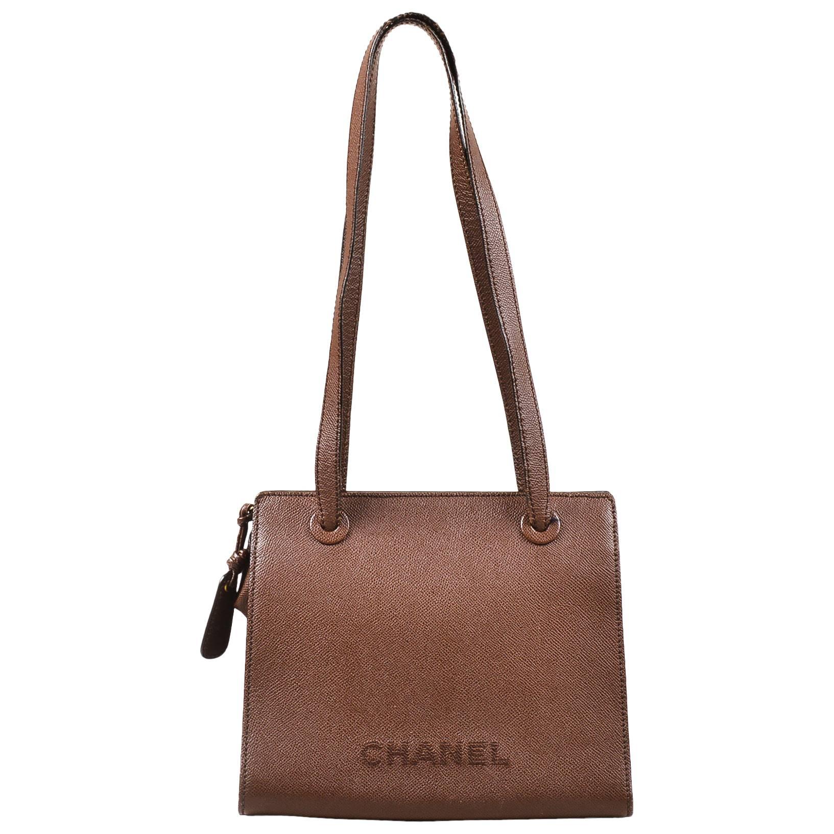 Chanel Brown Grained Leather Embroidered Logo "Marron Fonce" Shoulder Tote Bag For Sale
