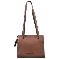 Chanel Brown Grained Leather Embroidered Logo "Marron Fonce" Shoulder Tote Bag