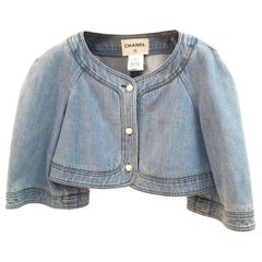 CHANEL Cropped Denim Pearl Button Jacket Bolero 