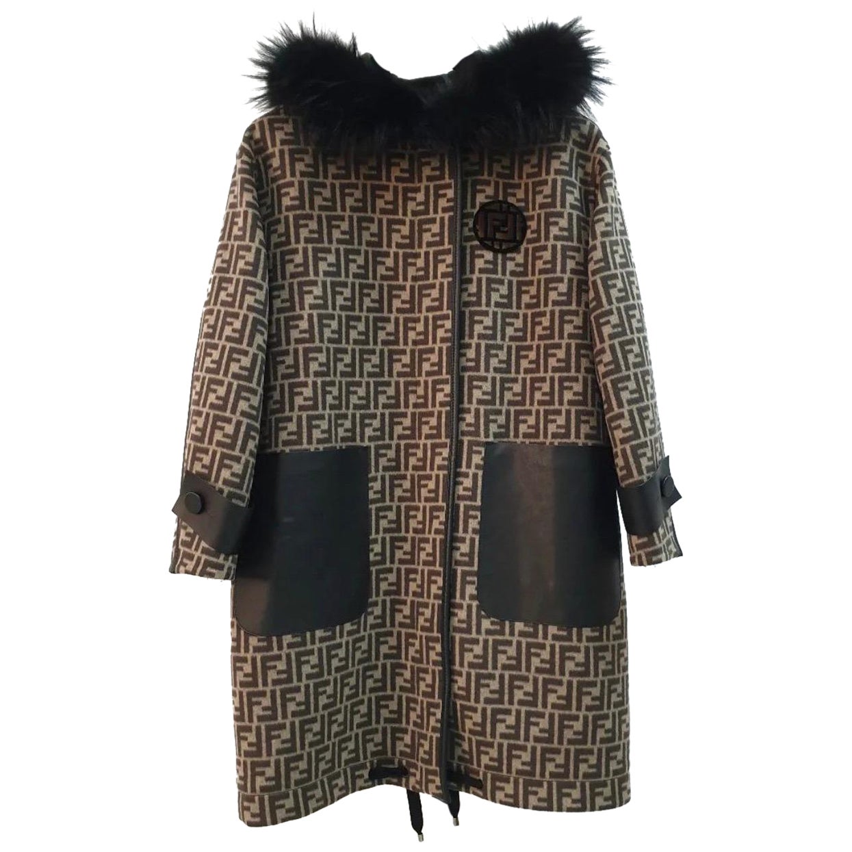 Fendi Black Brown Logo Print Wool Fur Trim Coat For Sale