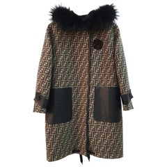 Fendi Black Brown Logo Print Wool Fur Trim Coat