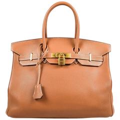 Hermes Gold Brown Clemence Leather Top Handle "Birkin 35" Tote Bag