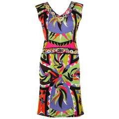 Retro EMILIO PUCCI 1960s 2pc Multicolor Signature Print Silk V-neck Top Skirt Dress