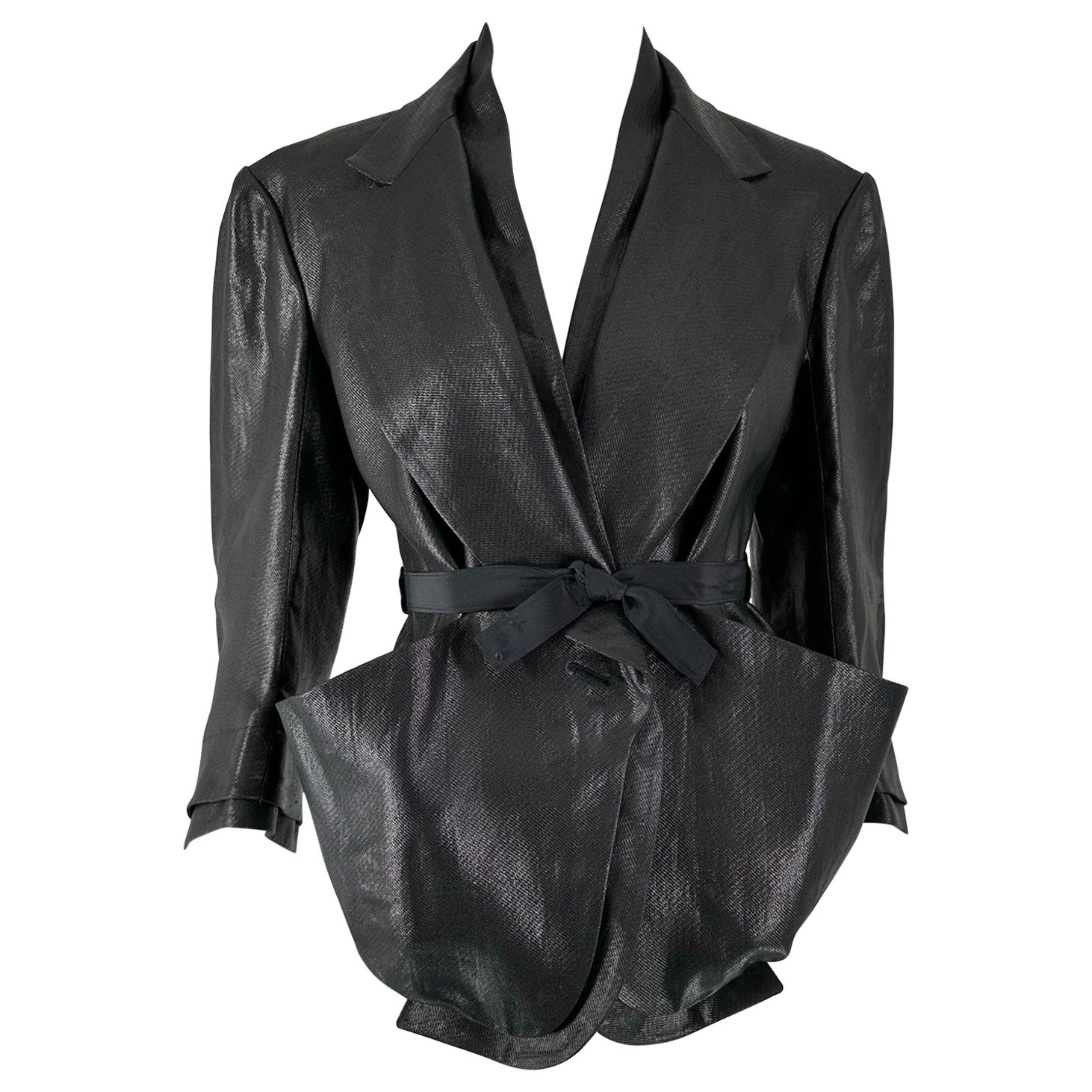 Sonia Rykiel Black Glazed Linen Big Pocket Button Facing Belted Cropped Jacket For Sale