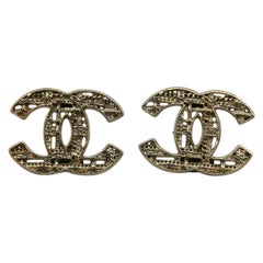 CHANEL Pale Gold Tone CC Logo Stud Earrings